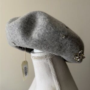 Hat Attack Gray Classic Wool Beret with Crystal Jewel Embellishment NWT